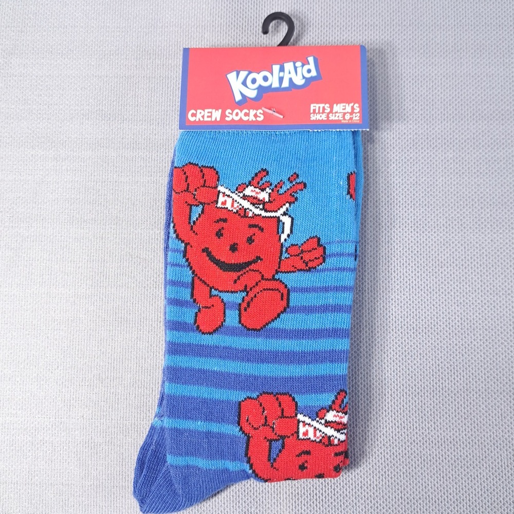One Pair Kool-Aid Man Oh Yeah Blue/Red Novelty Crew Socks Men's Shoe Size 6-12